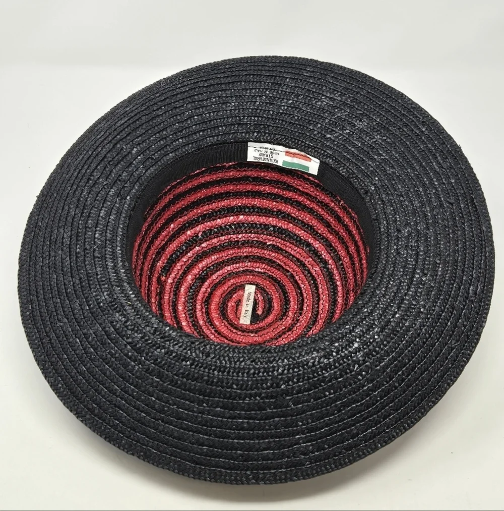 VINTAGE 100% NATURAL STRAW WOVEN HAT BLACK & RED SWIRL ITALY WOMEN OS WHIMSIGOTH - Picture 10 of 13